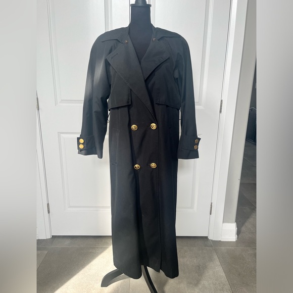 Vintage Black long trench coat with gold buttons size large - Picture 2 of 13